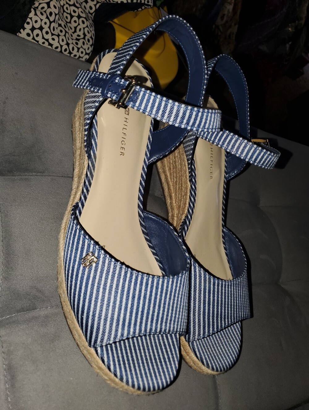 Tommy Hilfiger Navy and White Striped Espadrille Wedge Sandals - Size 10